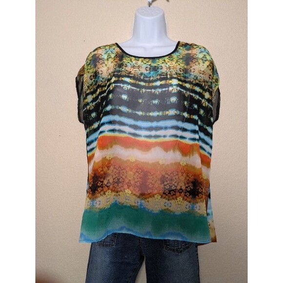 Colorful Abstract Sheer Blouse Size PXL Made in USA Festival Artsy Retro Flowy - Picture 6 of 10